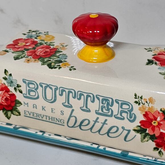 Pioneer Woman Ceramic Sweet Rose Floral Covered Butter Dish with Handle and Base - Picture 2 of 7